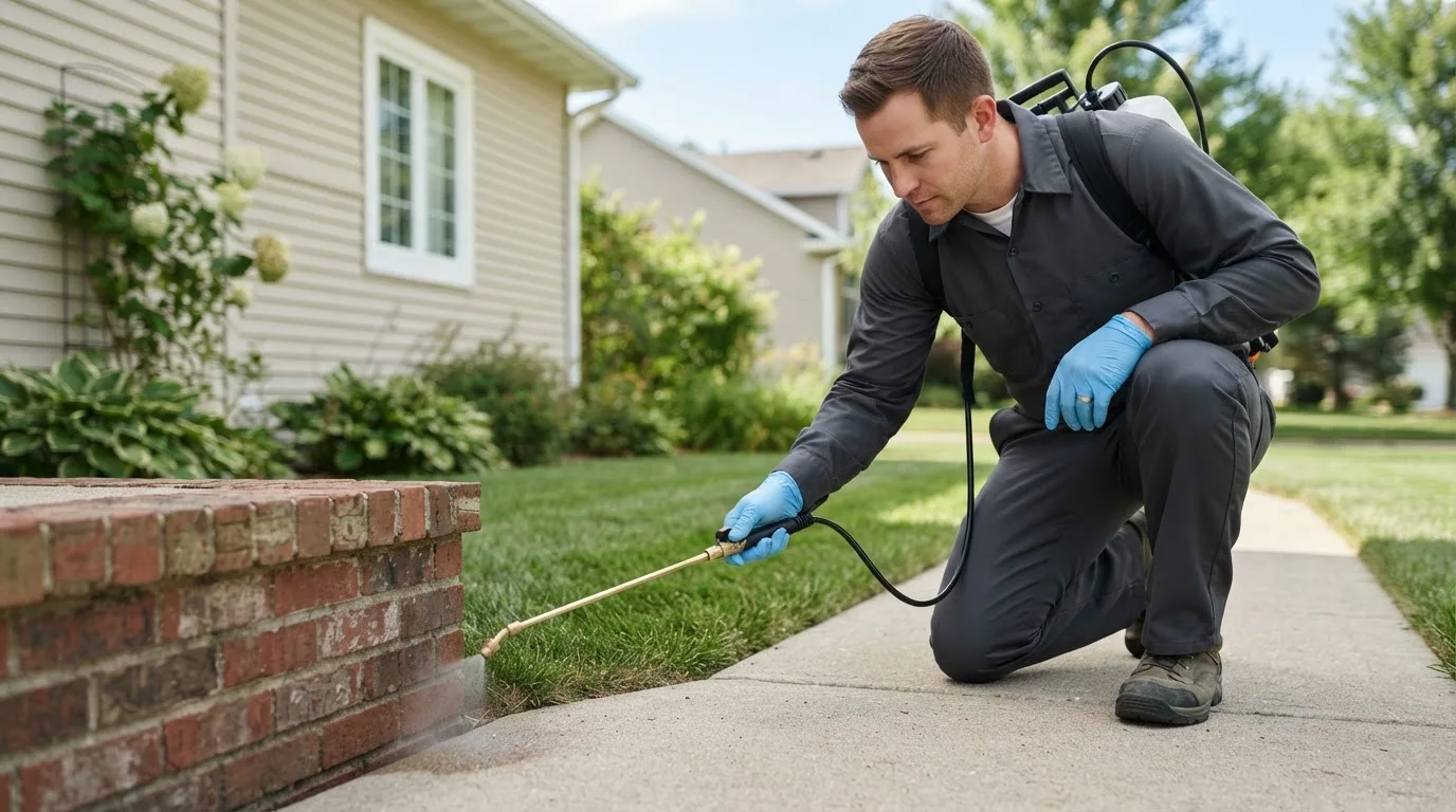 Pest control technician treating a home near Middleville, MI