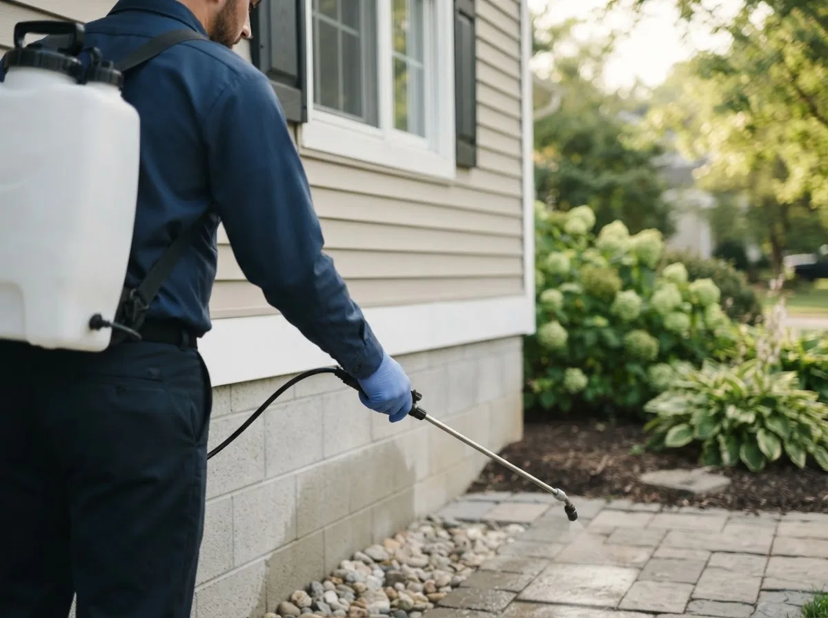 Pest control technician inspecting a home in Middleville, MI